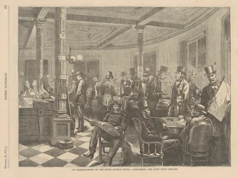 Salle de lecture du Fifth Avenue Hotel à New York - Discutant des nouvelles de Chicago, illustration de Every Saturday, 1871